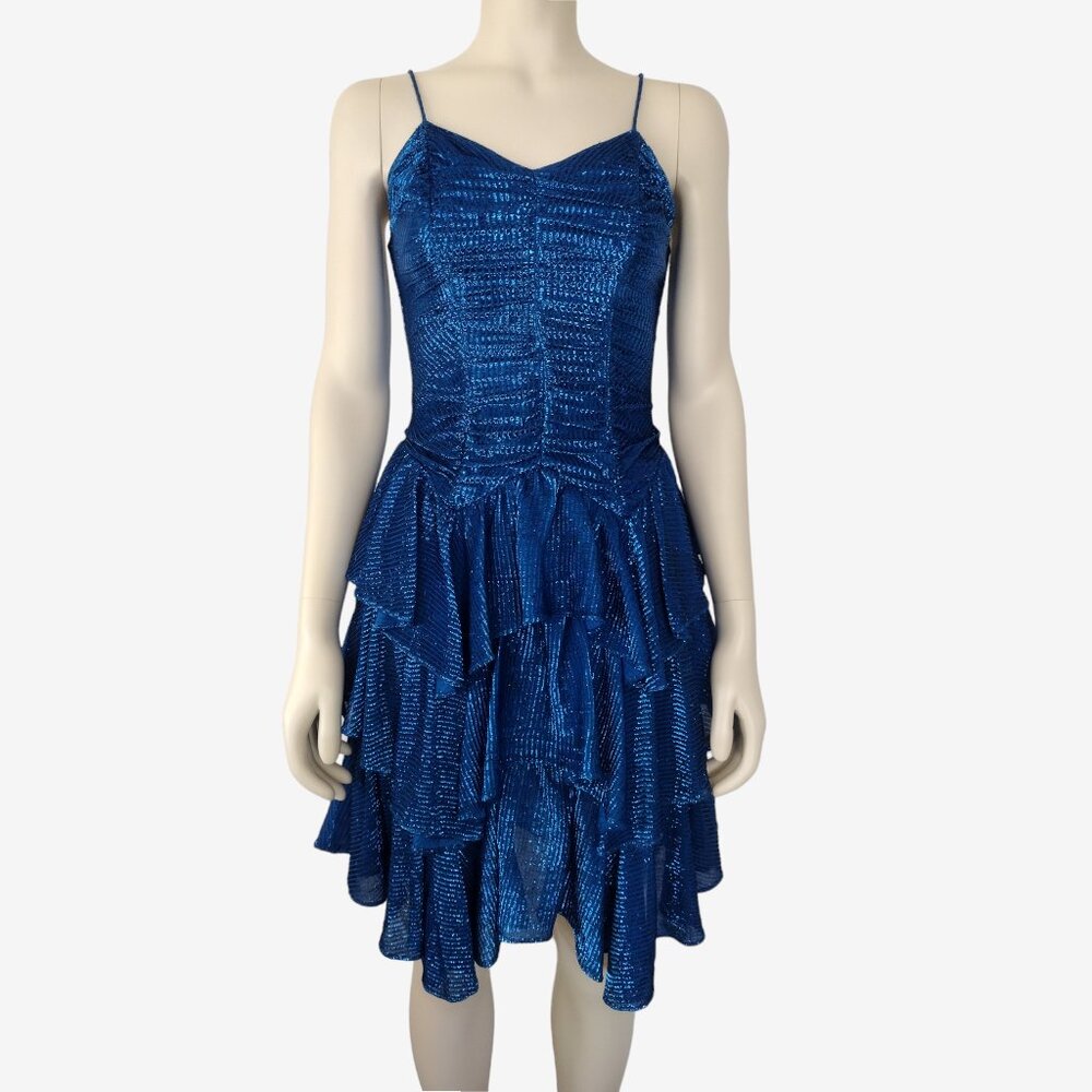 Vintage 1980s Blue Metallic Disco Ruffled Tiered Fit and Flare Dress